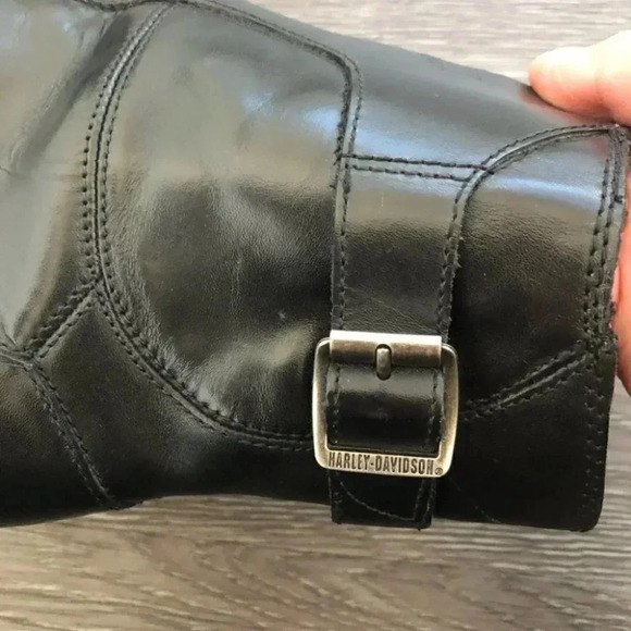 Harley Davidson Black Leather Heeled Western Block Heel Mid Calf Boots Point Toe - Picture 9 of 13